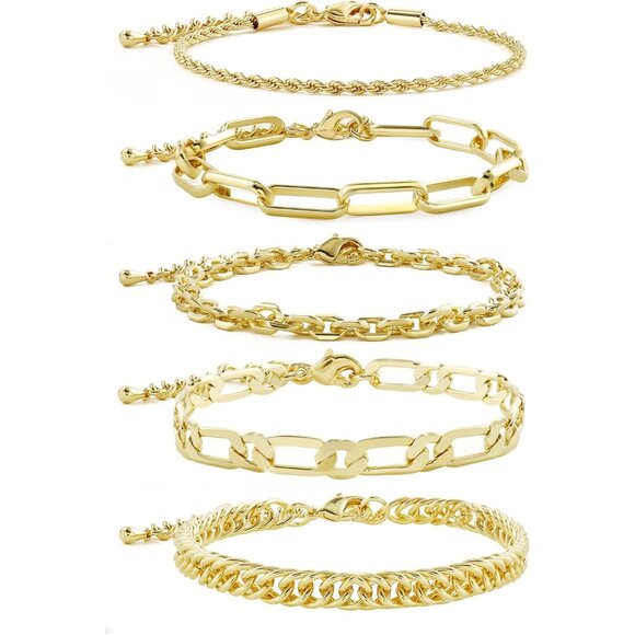 14K Gold Plated Stainless Steel Chain Bracelets for Women - Adjustable Layered H - Picture 1 of 5